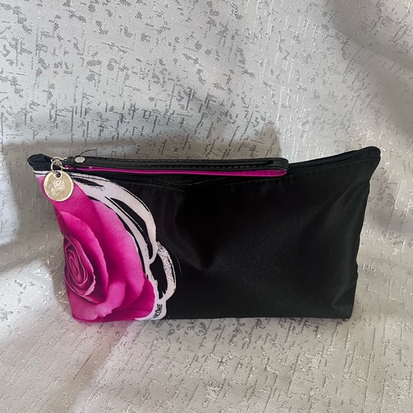Lancome Paris Black and Pink Cosmetic Bag with Floral Accent - Picture 1 of 7